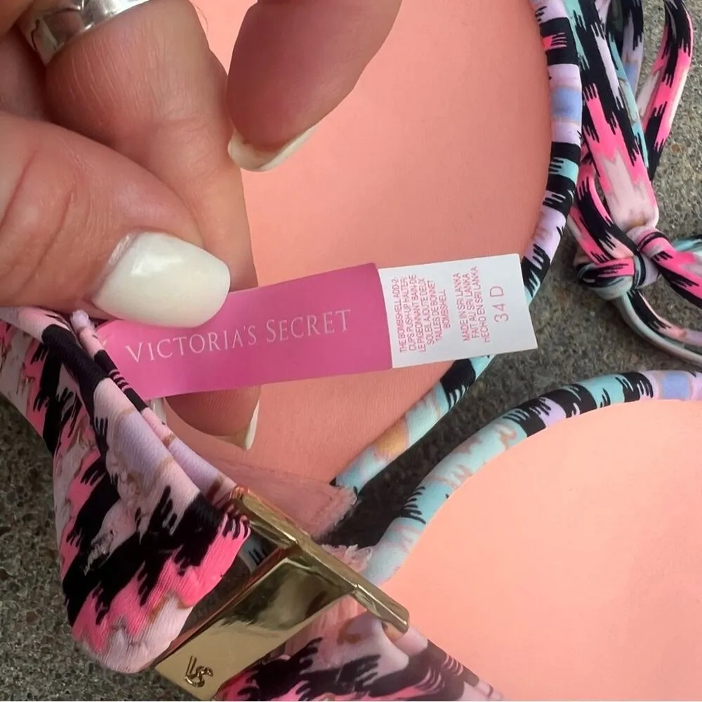 Victoria’s Secret 34D Bombshell 2 Cup Push Up Halter Bikini Top Neon Aztec - Image 4