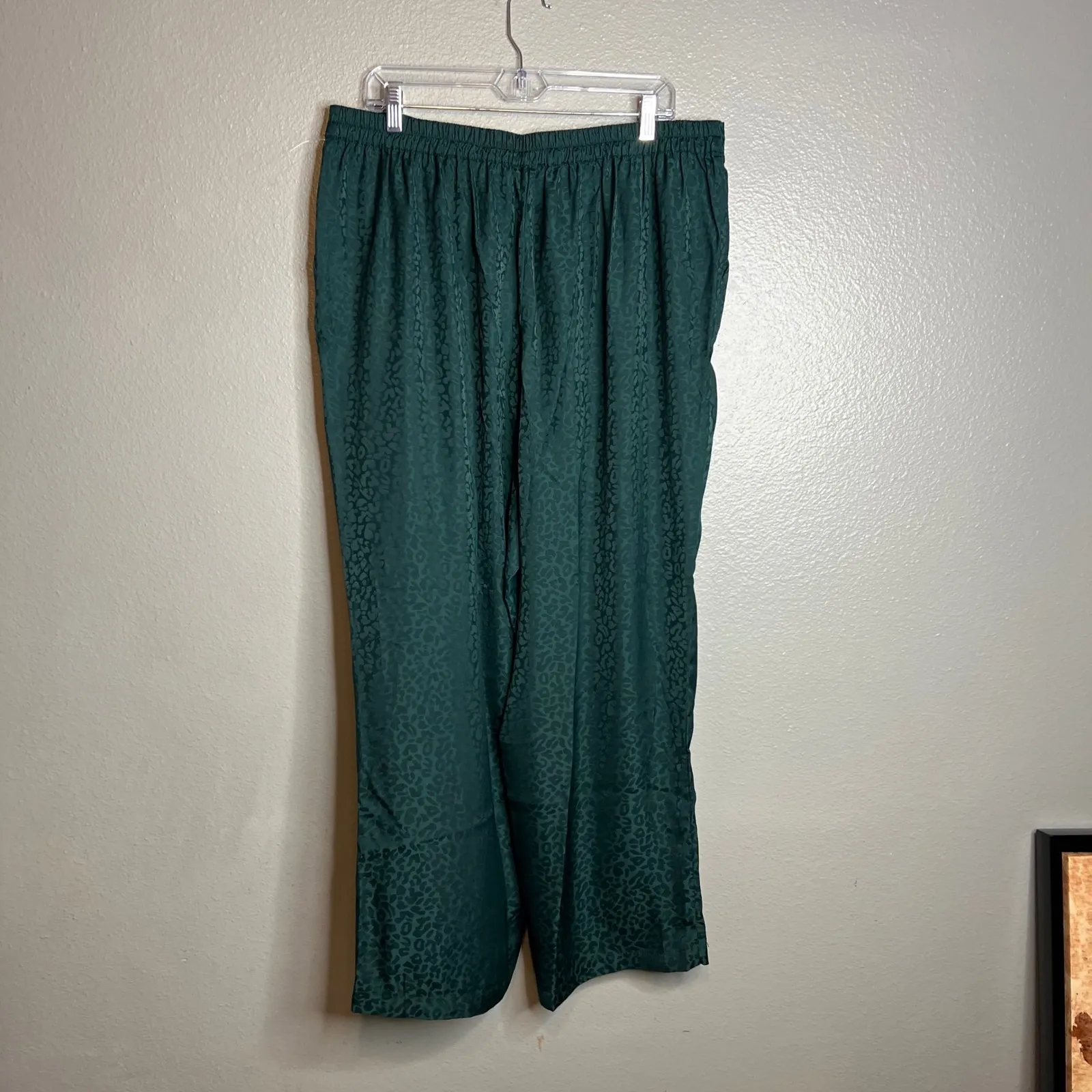 Skies Are Blue Wide Leg Pant Size 1X Pull On Satin Hunter Green Leopard NWT - Image 5
