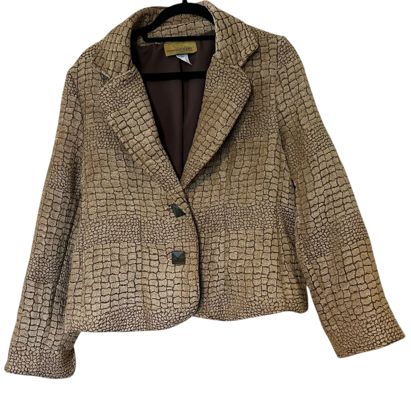 Painted Pony VTG Blazer Jacket Crocodile Tapestry Jacquard USA SZ XL Western Tan - Image 2