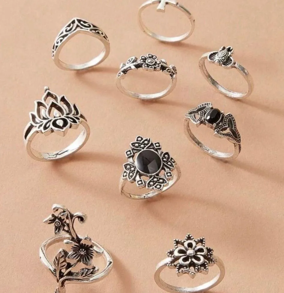 Silver 9pc Flower & Leaf Ring Set - Image 2