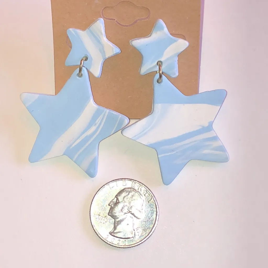 Blue and White Retro Boho Clay Star Earrings - Image 3