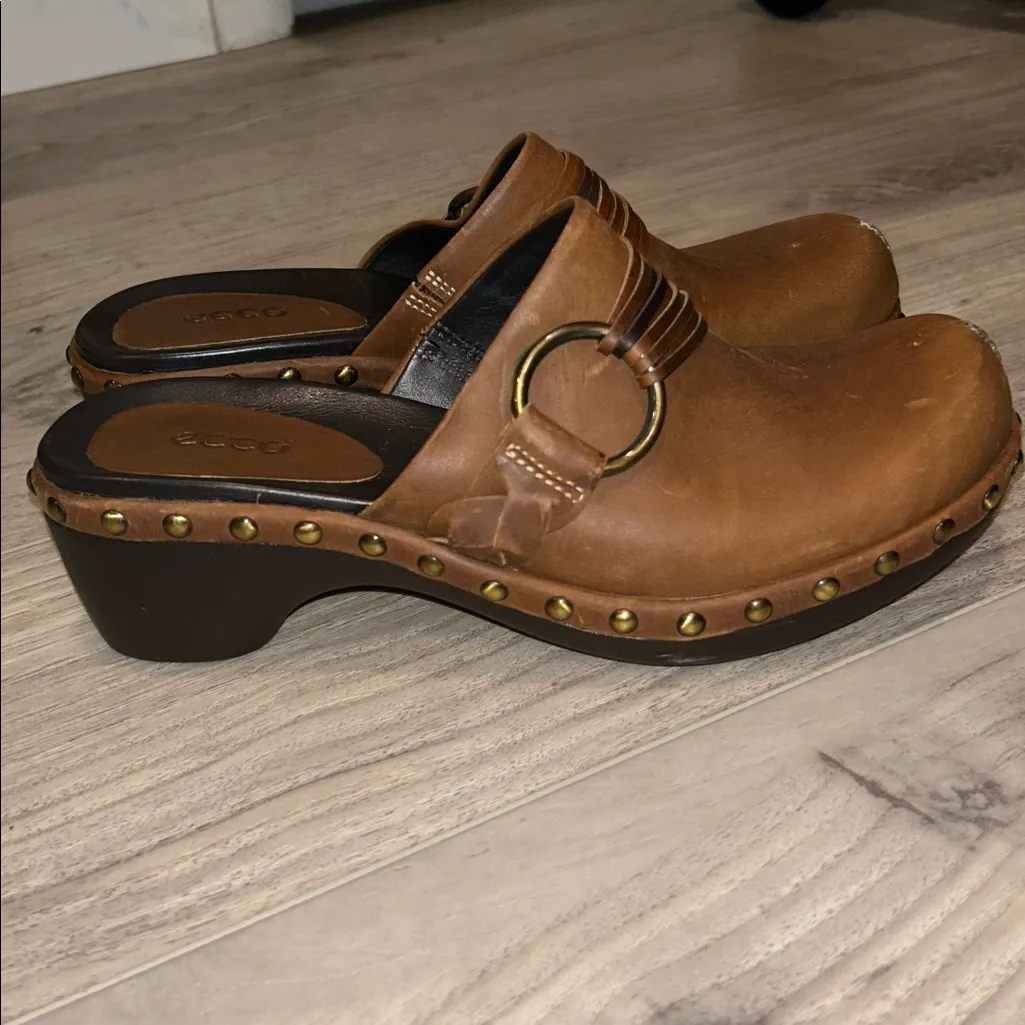 Ecco Leather Studded Slip On Size 6 EU 37 Mules Clogs Chunky Strap Boho Brown - Image 3