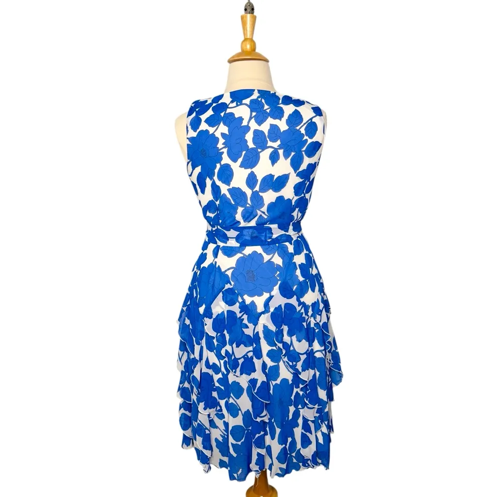 ROBBIE BEE BLUE FLORAL SLEEVELESS TIERED RUFFLE DRESS SZ 18 - Image 2