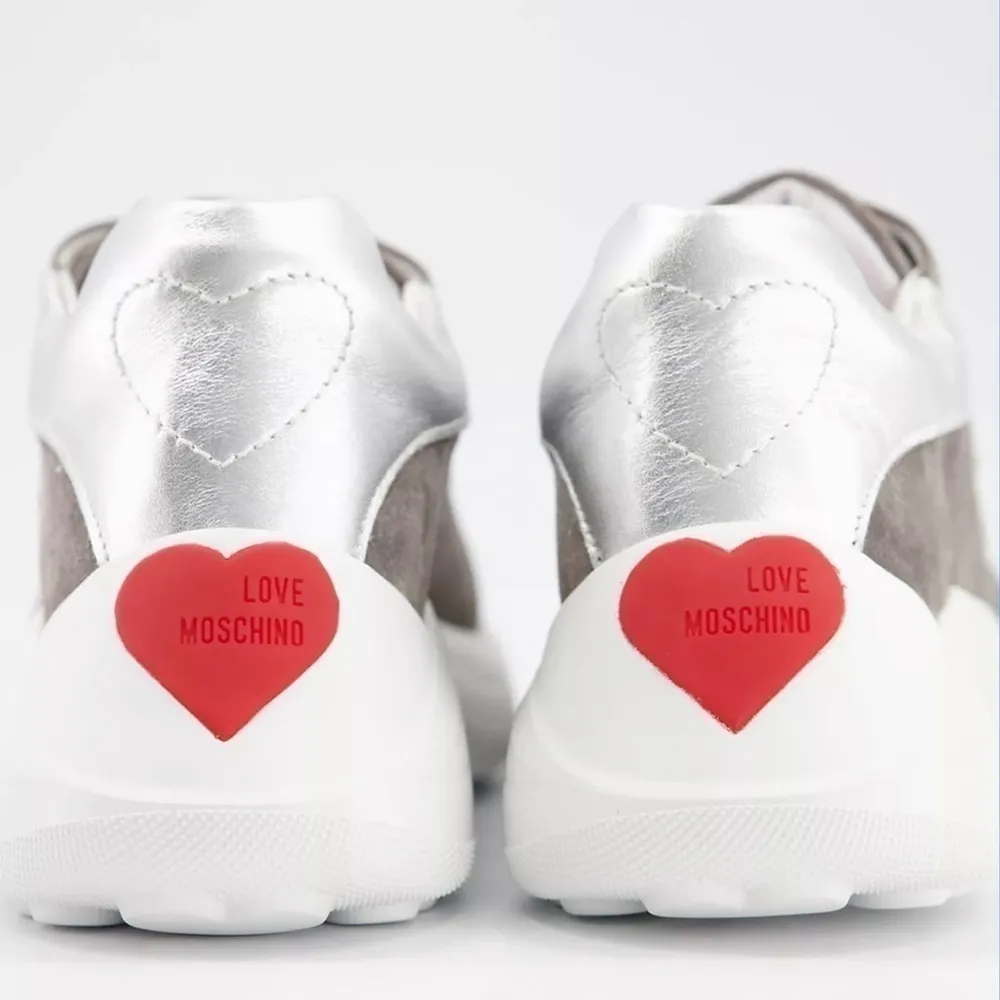 LOVE Moschino Women's Grey Suede Chunky Wedge Sneakers Red Sequins Hearts Sz 37 - Image 10