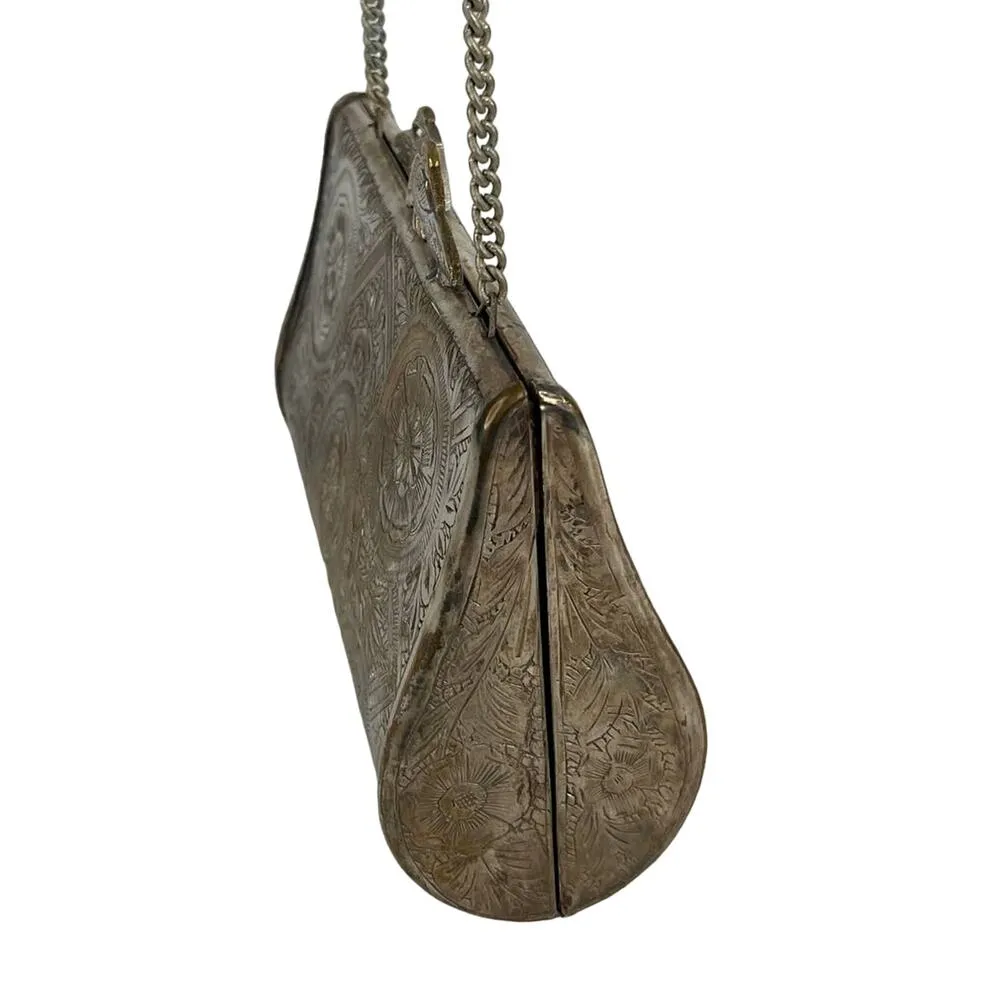 Vintage Peacock Flower Engraved Brass Pillow Purse Chain Strap 7" x 4.5" - Image 6