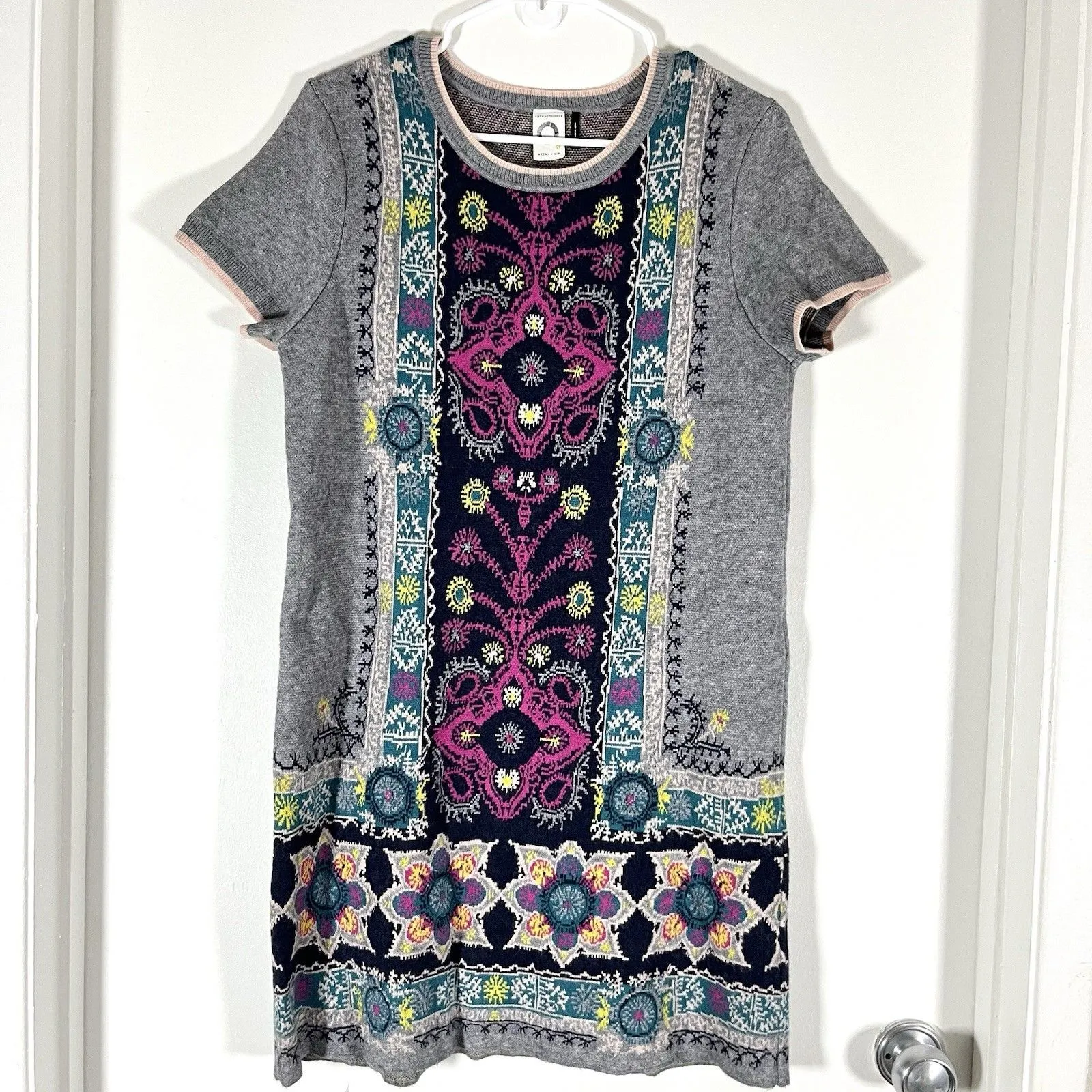 Akemi+Kin Anthropologie Kaleidoscope Sweater Dress Short Sleeve Size S Gray Boho - Image 2