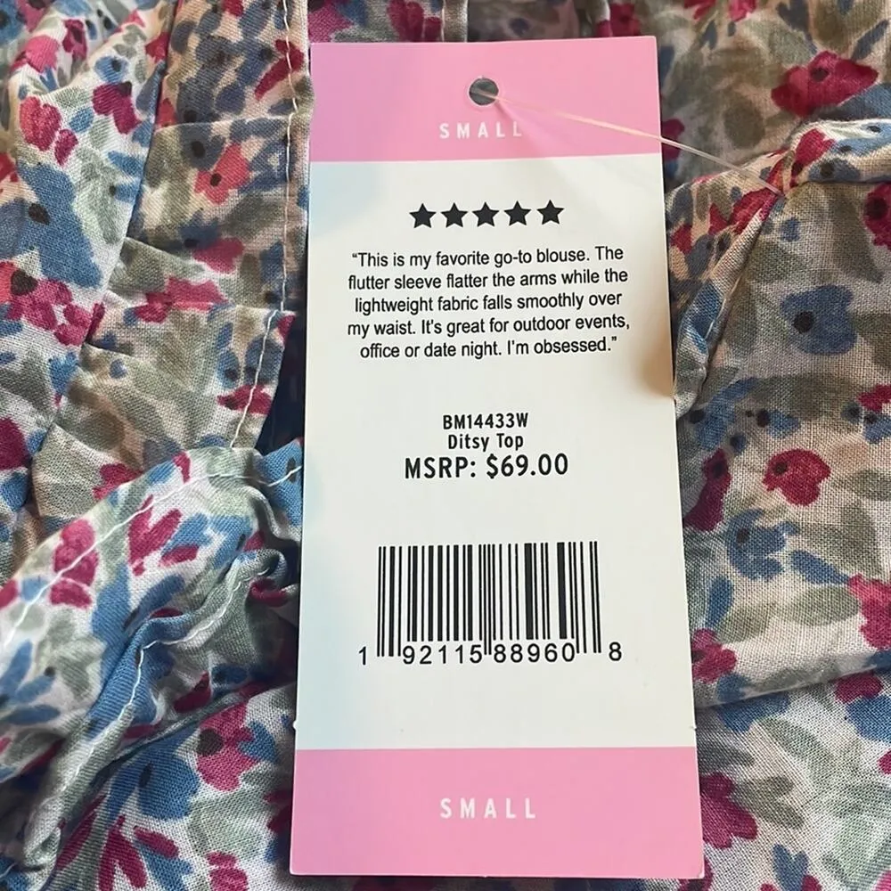 NEW BB Dakota Steve Madden Ditsy Pink Floral Ruffle Top Cottage Soft Girl Summer Blue - Image 5
