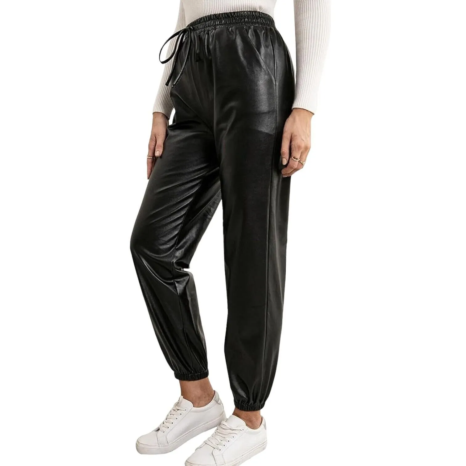SKYLAR + MADISON Black Faux Leather Joggers Track Pants‎ Ankle Zip Women's S - Image 8