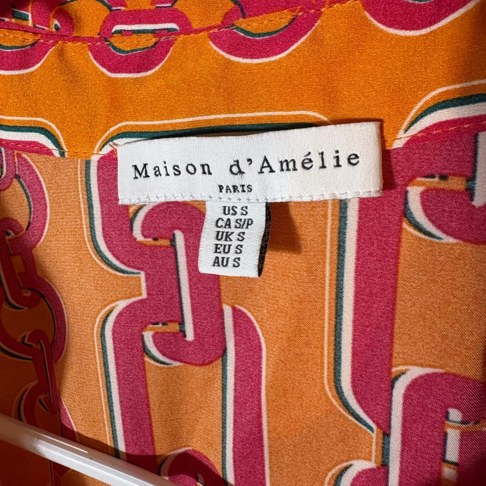 Maison d'Amelie Chain Print Blouse Top Orange Pink Long Sleeve Size‎ Small - Image 2