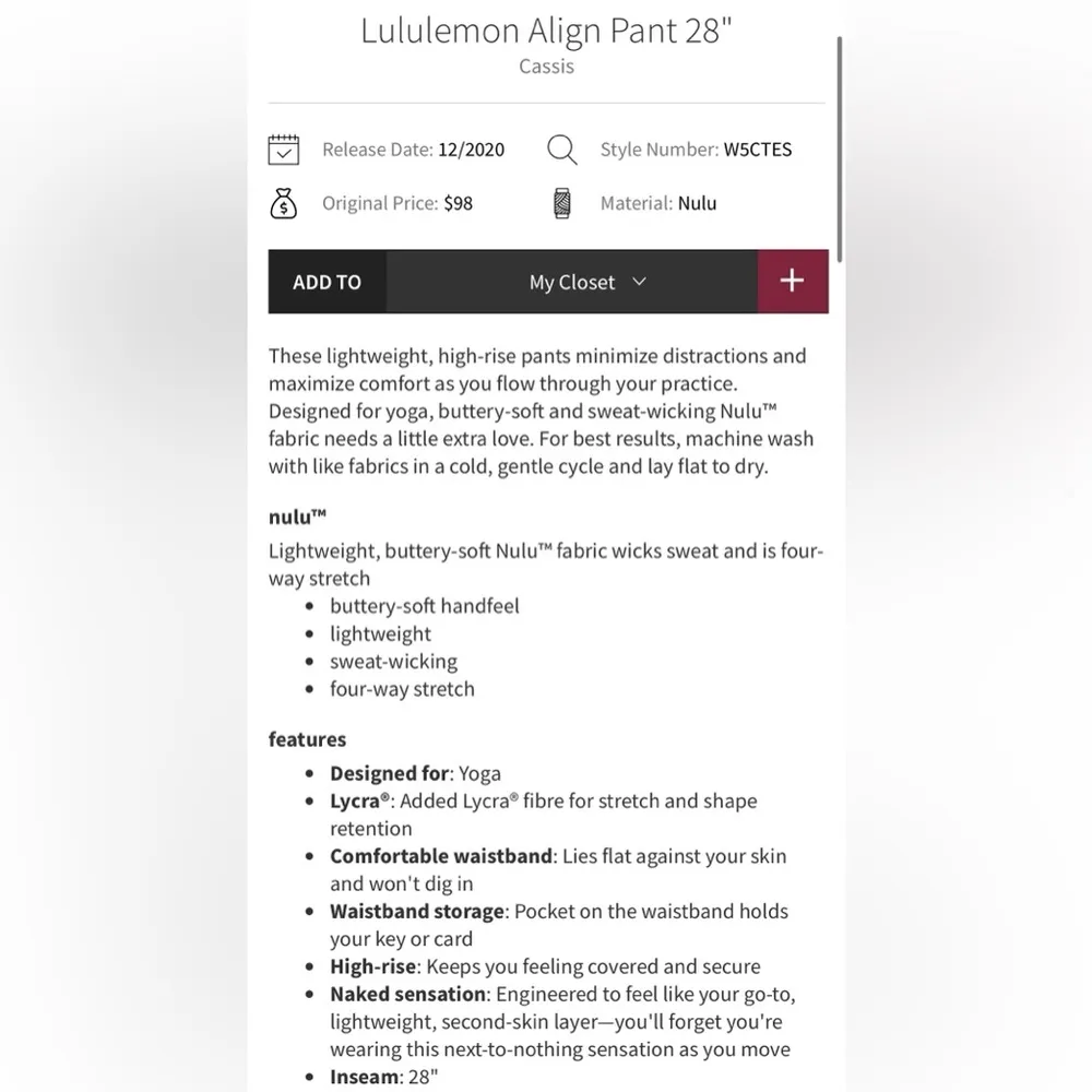 Lululemon Athletica High Rise Align 28” Cassis Colored Leggings W5CTES  SIZE 0 - Image 10