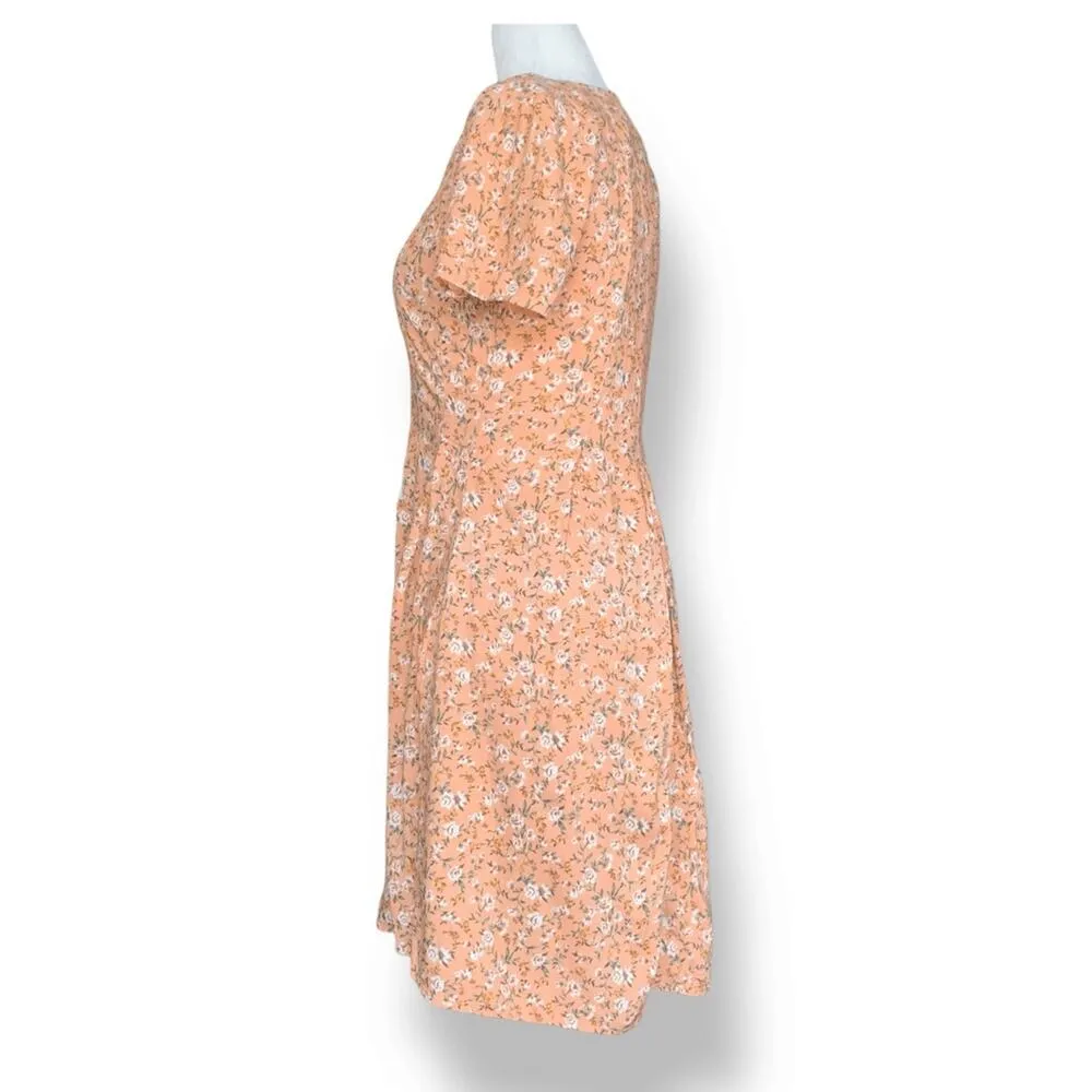 Vintage 90s Peach Floral Mini Dress Rayon Button Front Short Sleeve Scoopneck Orange - Image 6