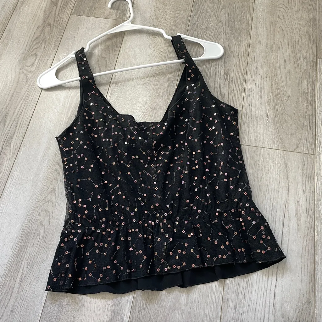 Sequin Mesh Tank Top peplum crop womens Black small y2k party going out holiday - Image 4