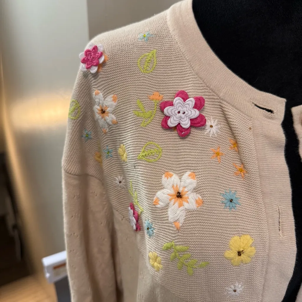 Vintage Breckenridge Button Front Sweater Cardigan Tan Floral EmbroideryY2K - Image 8