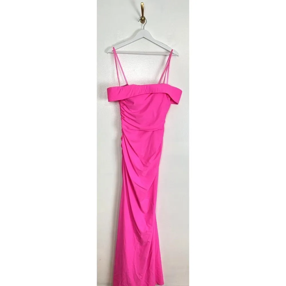 LA FEMME Draped Off Shoulder Gown in Hot Pink Size US 8 - Image 3