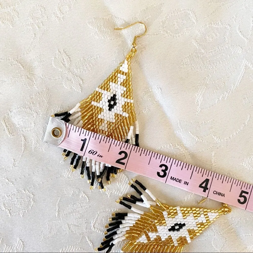 Handmade Miyuki Beaded Fringe Boho Earrings Gold - Image 4