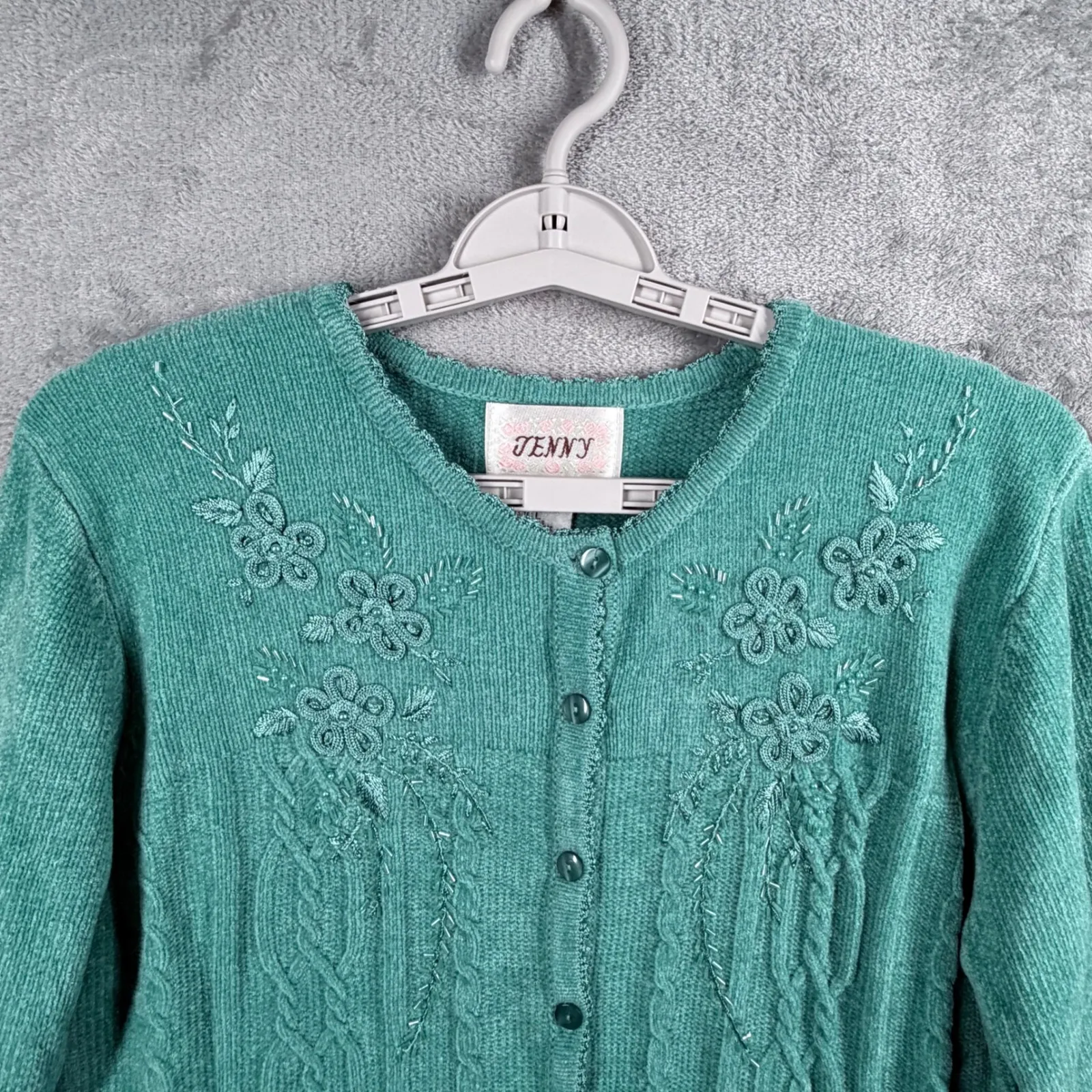 Jenny Cardigan Sweater Teal Cable Knit Beads Floral Granny Cottagecore L Vintage Green Size L - Image 4