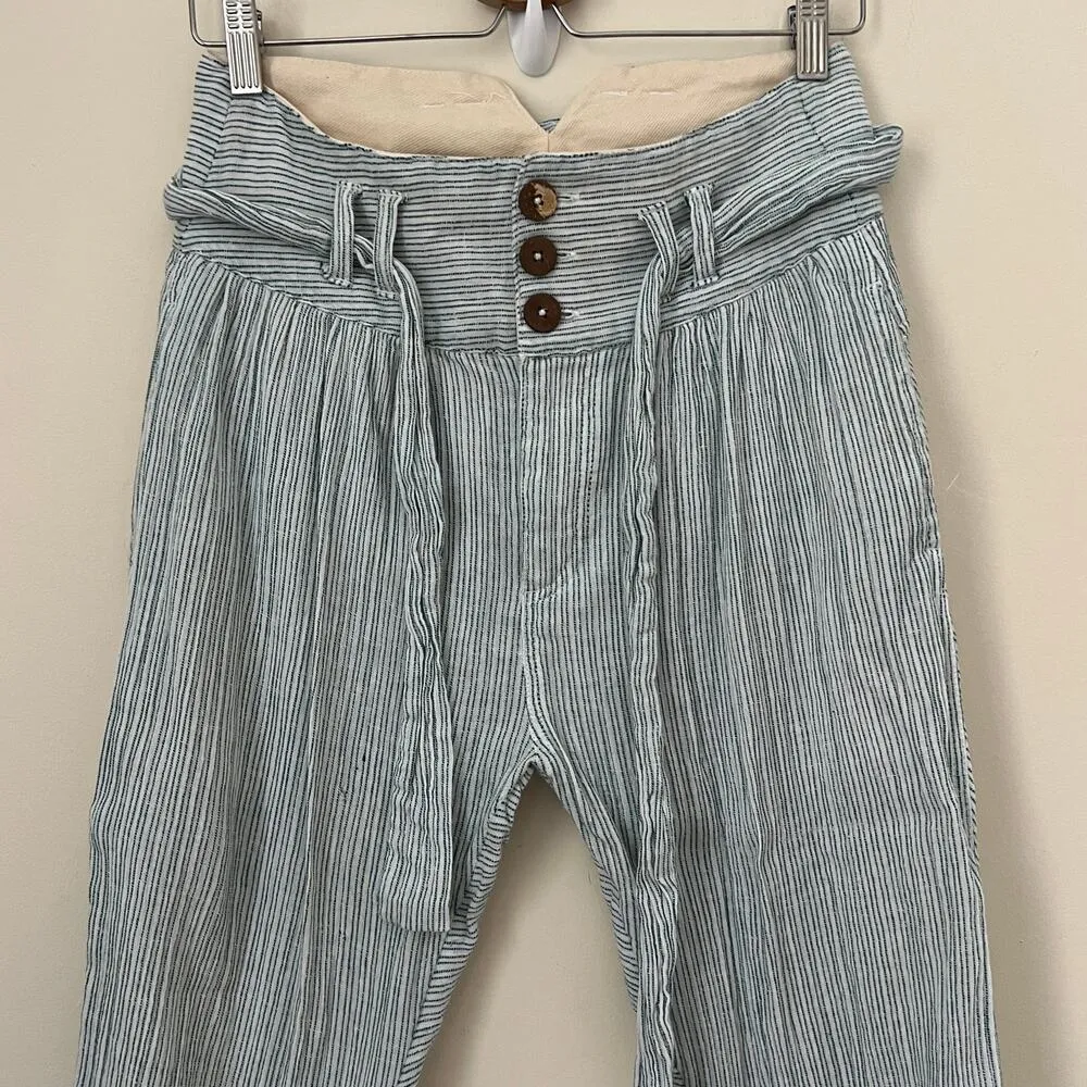FREE PEOPLE Blue Pinstripe Woven Cotton High Rise Paper Bag Waist Pants Size 0 - Image 2