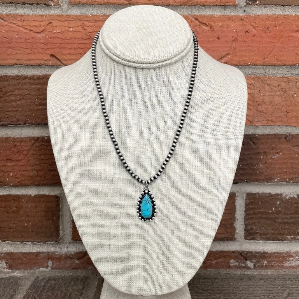 Navajo Style Pearl Necklace with Turquoise Teardrop Pendant Silver - Image 2
