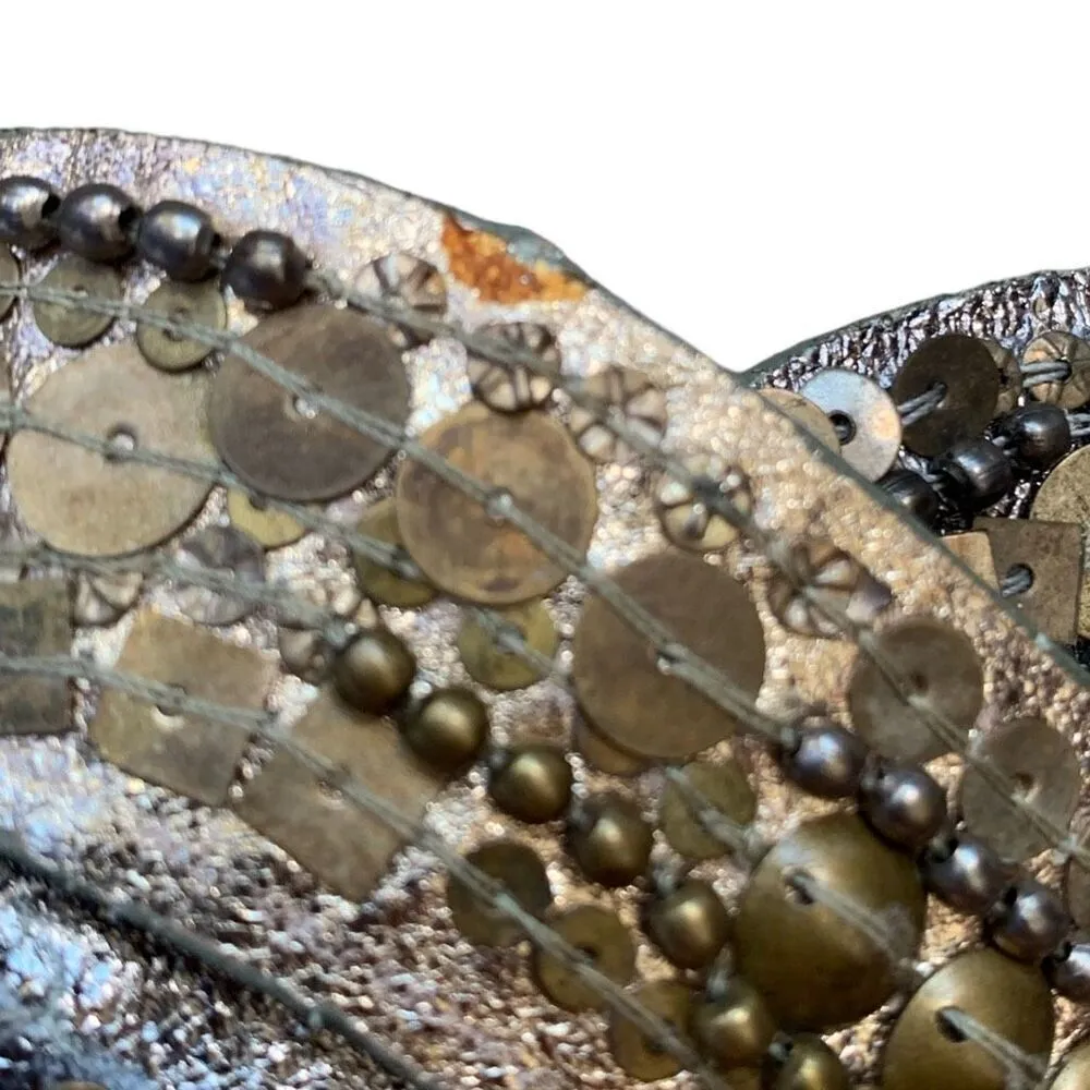 Vintage Statement Belt Metallic Silver Gold Braided Leather Sequins Beads Boho Gold - Image 7