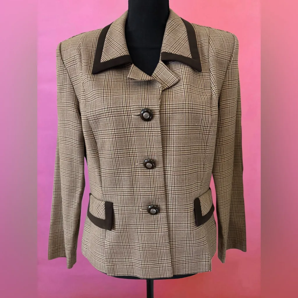 Vintage 80s Virgo II Tan Khaki Brown Houndstooth Blazer w/ Shoulder Pads Size 14 - Image 2