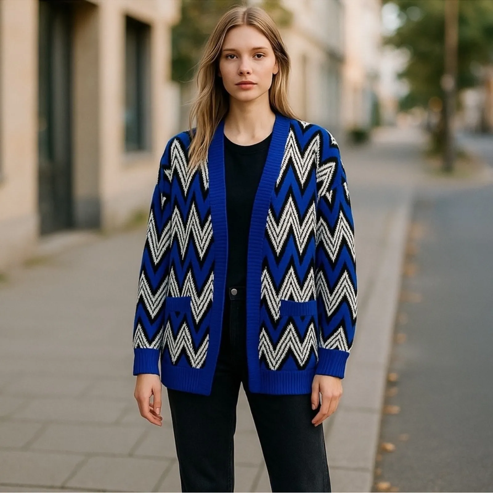 Allison Brittney Chevron Grandpa Cardigan Large Blue White Open Front - Image 15