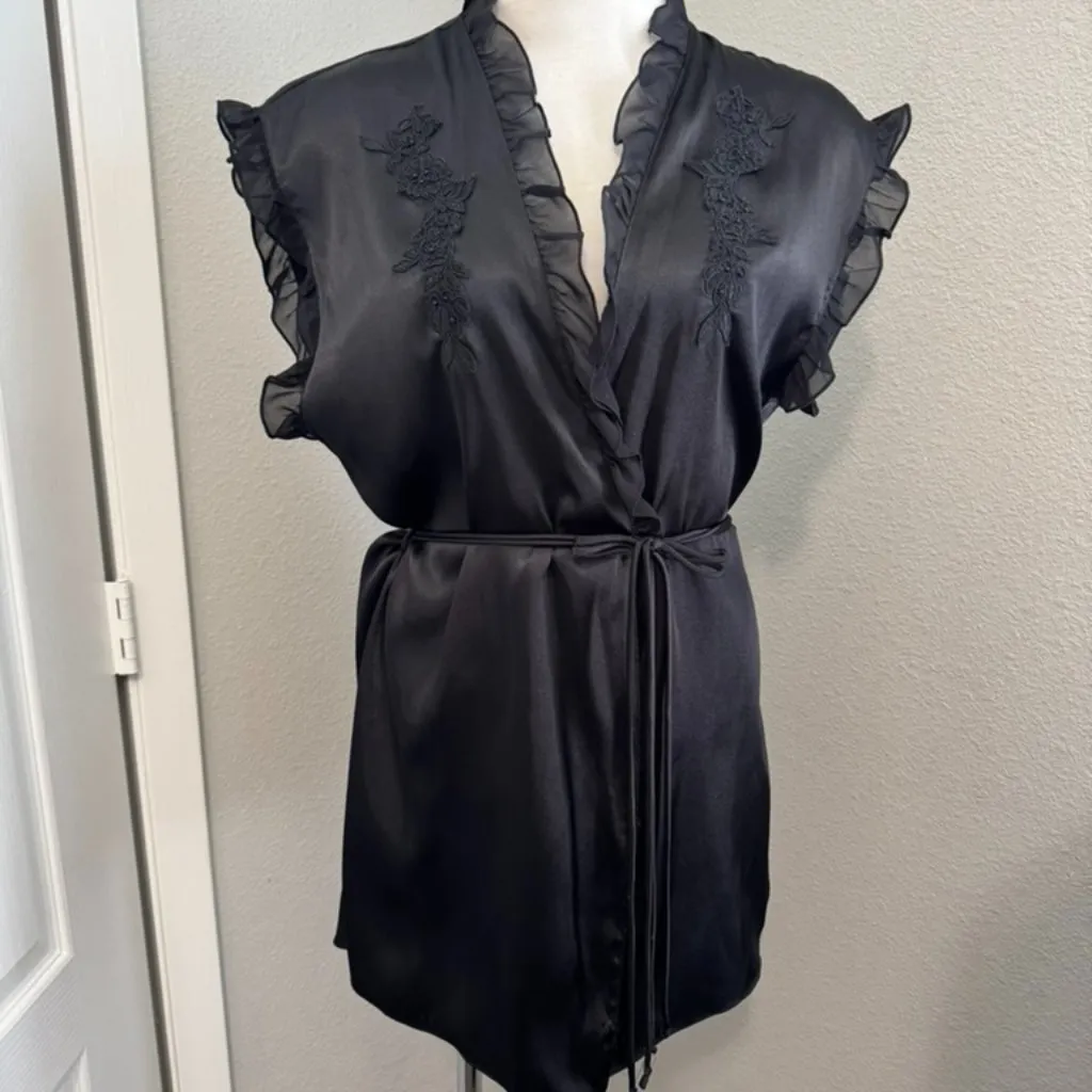 Intimo Donatella Robe Black Floral Ruffle‎ Trim Short Sleeve Lingerie Medium - Image 9