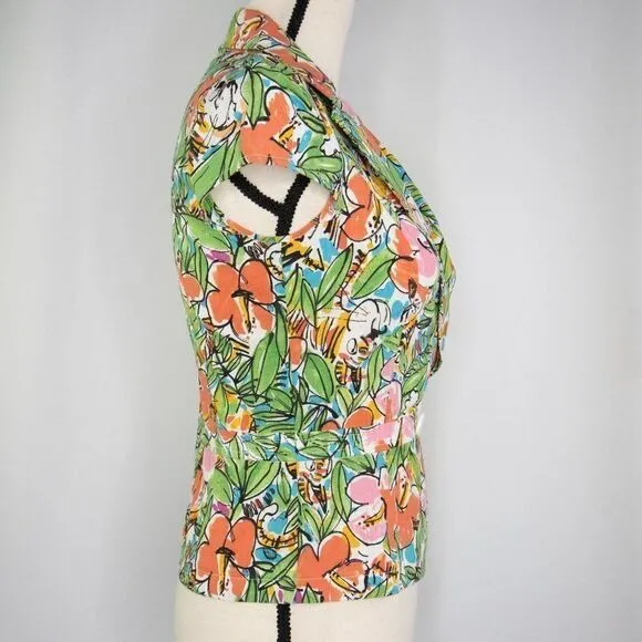 Vintage floral print short sleeve jacket, green and red, cotton blend‎ Size XXS - Image 14