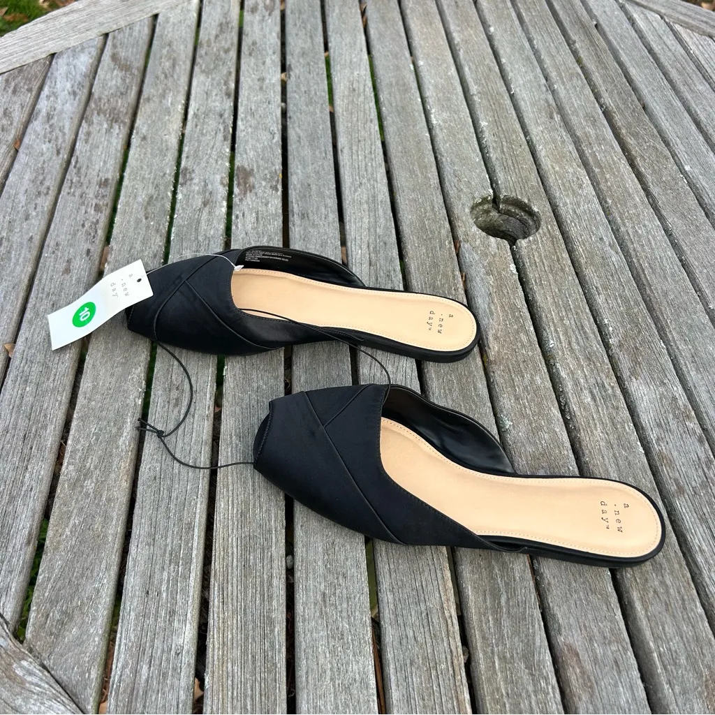 Women's Trina Satin Peep Toe Mule Flats - A New Day Black size 10 elegant fall - Image 3