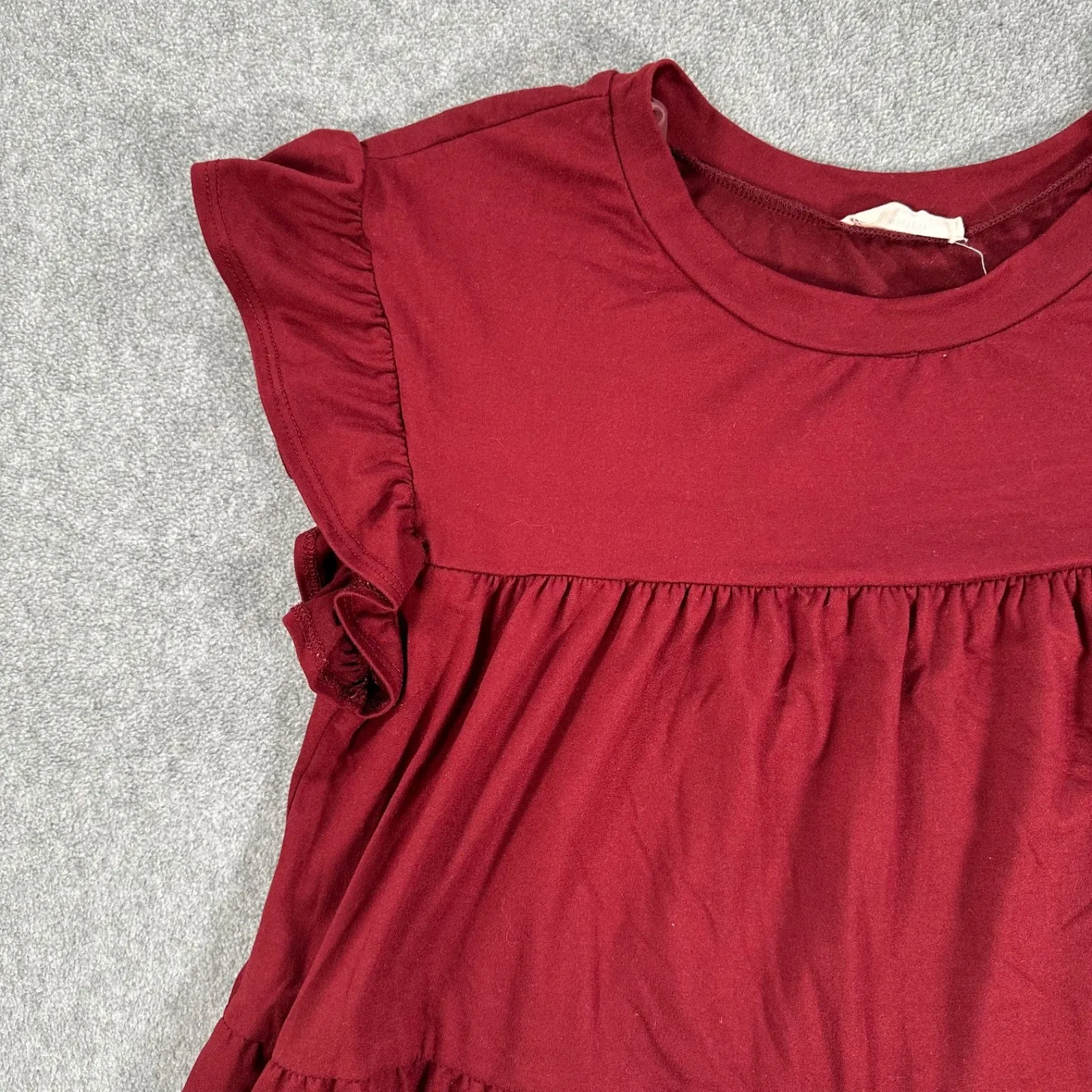 Entro Babydoll Tiered Mini Dress Women's Small Crimson Flutter Sleeve Crew Neck - Image 2