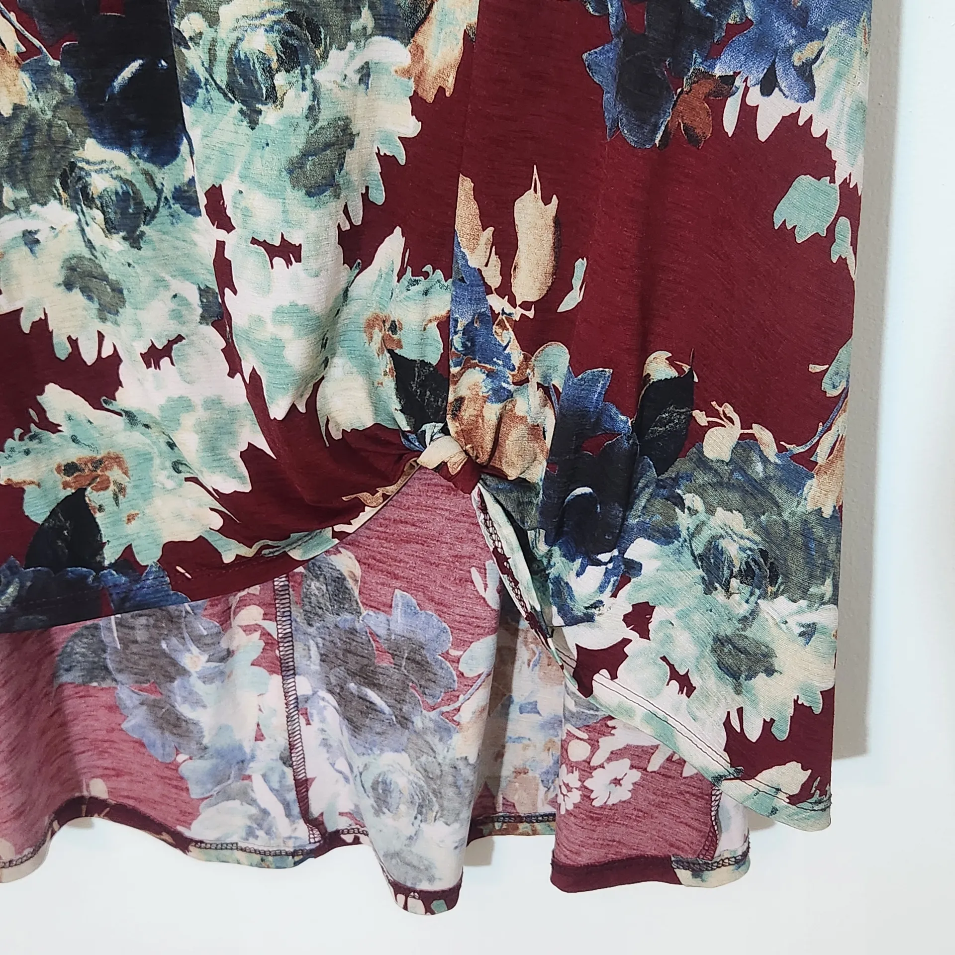 Pink Coconut Burgundy Floral V-Neck Tunic Short Sleeve Oxblood Swing Top - Image 6