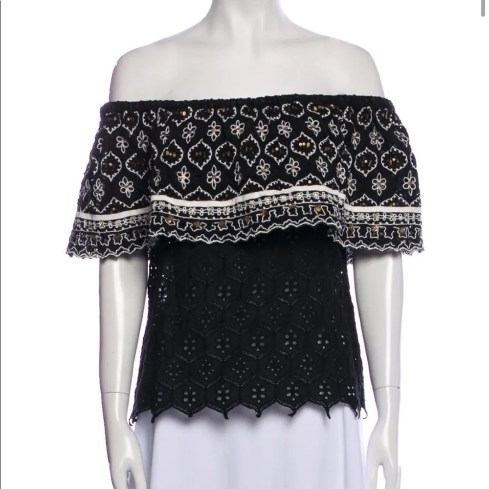 Hemant & Nandita Mavra Black Eyelet Lace Off the Shoulder Embroidered Blouse S - Image 4