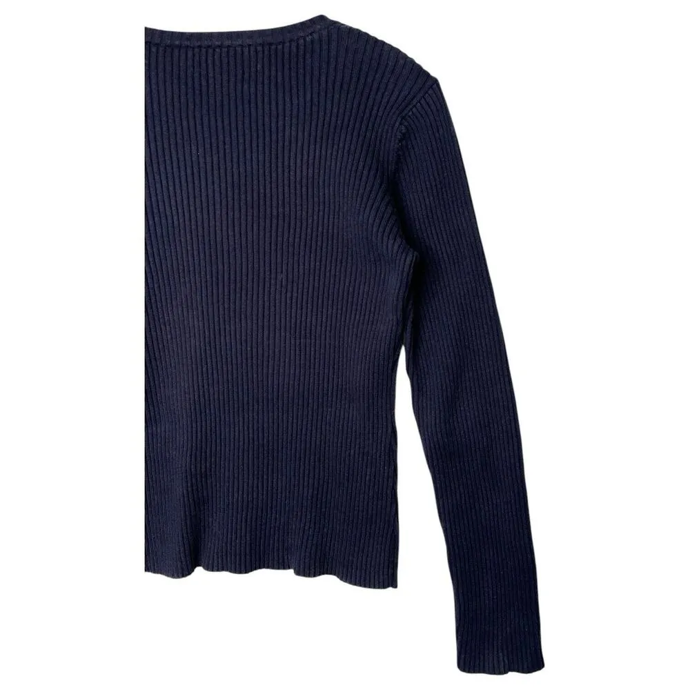 VTG Tommy Hilfiger Sweater Womens XL Blue Flag Logo Ribbed Knit Round Neck Navy - Image 4