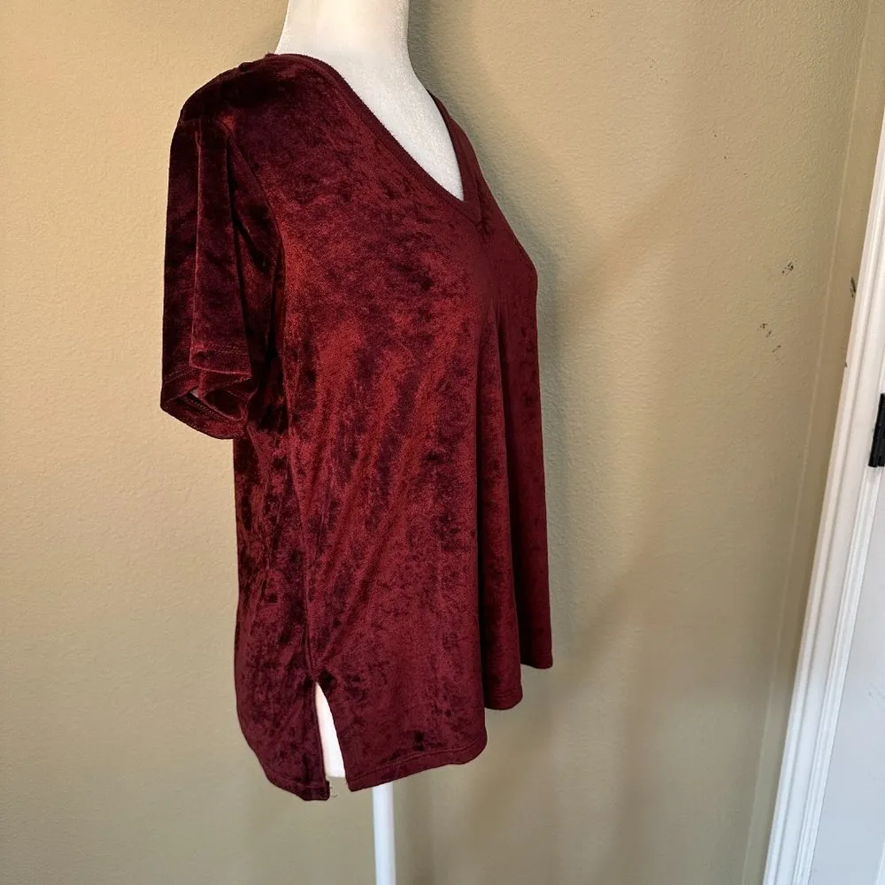 MICHAEL STARS Maroon Velvet or Velour V Neck T Shirt Top - size small - Image 4