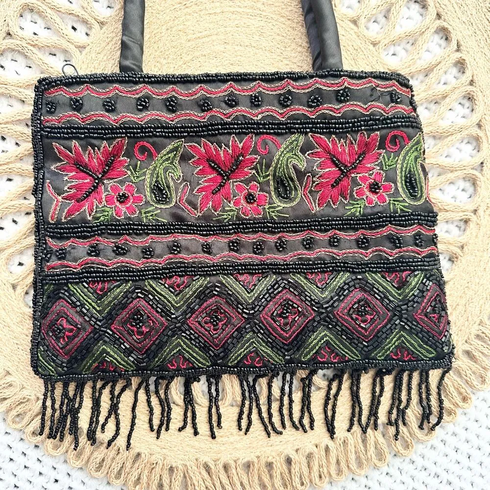 Vintage Black Satin Red Floral Top Handle Evening Bag Beaded Fringe Small Boho - Image 7