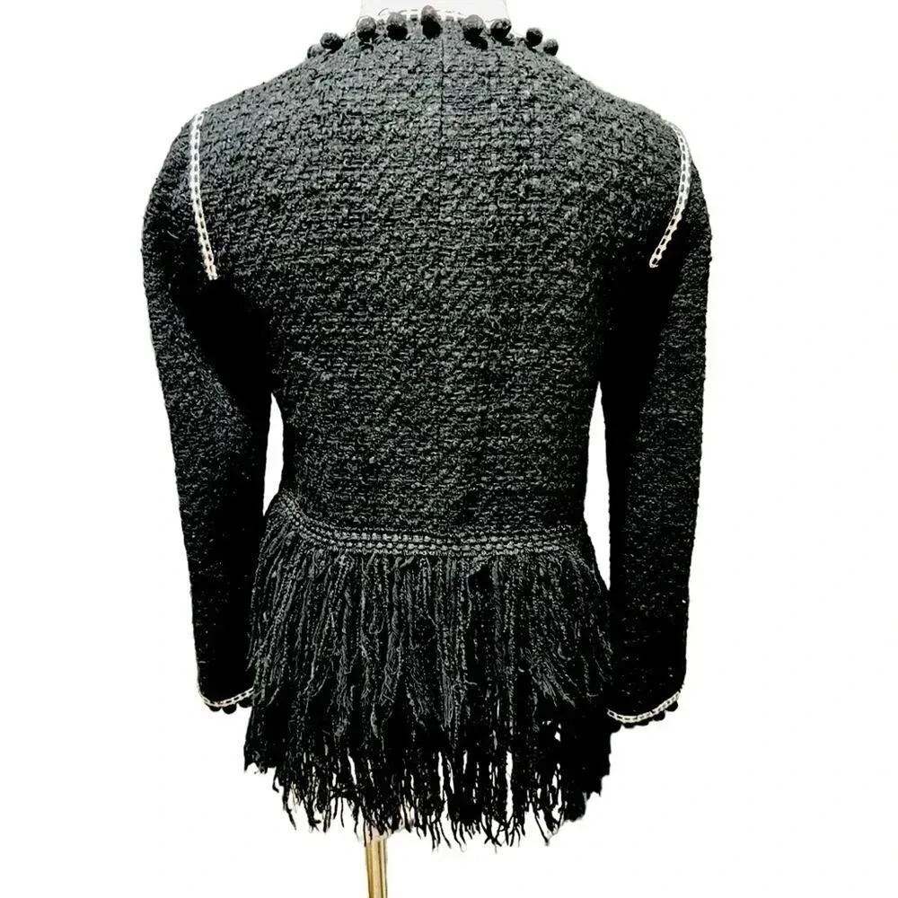 Zara Tweed Fringe Pom Pom Tassels Lined Boucle Jacket Blazer Black Size XS - Image 9