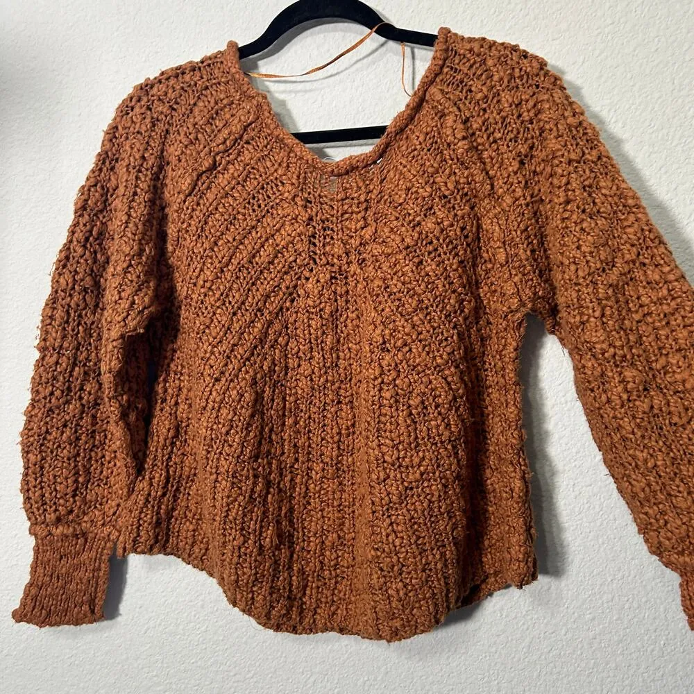 NEW Free People In A Swirl Chunky Pullover Sweater Cinnamon Brown Blouson Sleeve - Image 10