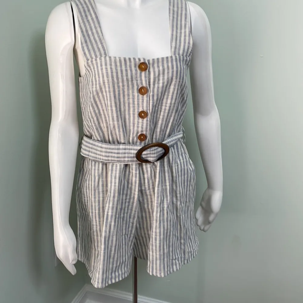 Zara linen blend white & blue striped belted romper jumpsuit NEW - Image 4
