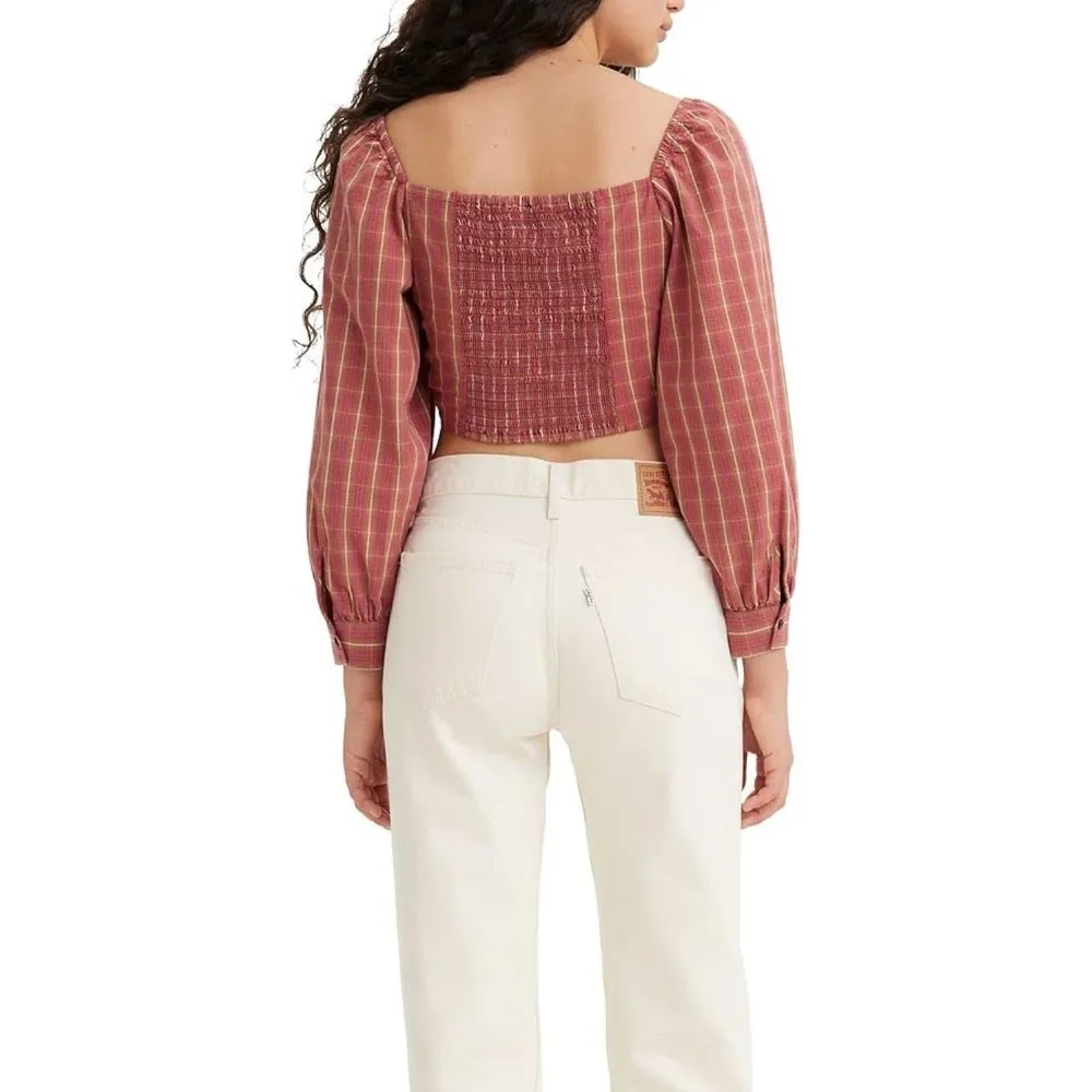 Levi’s Slim Cropped Plaid Statement Devin Blouse Long Sleeve Smocked NWT Sz XS - Image 11