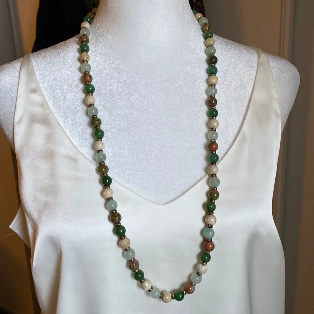 Long Mixed Jasper Agate Stone Bead Strand Necklace with Etched Copper Spacers Green - Image 2