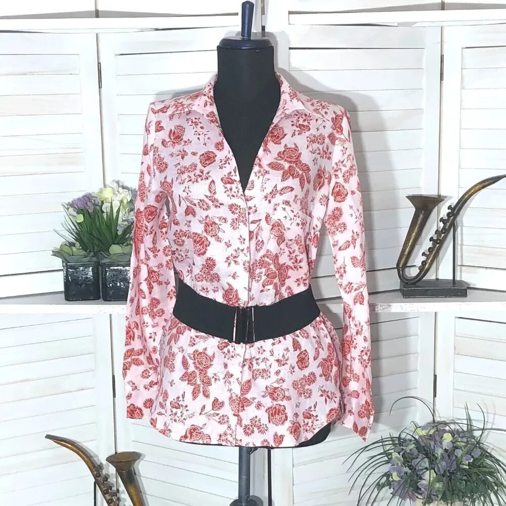 Zara Red Roses Floral Linen Shirt Light Pink XS - Image 2