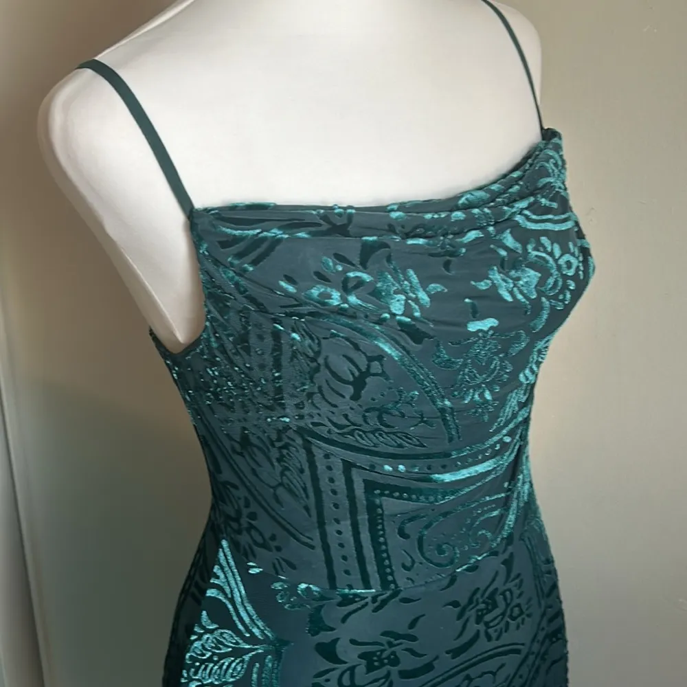 Urban Outfitters Strappy Back Cowl Neck A-Line Teal Velvet Burnout Mini Dress - Image 2