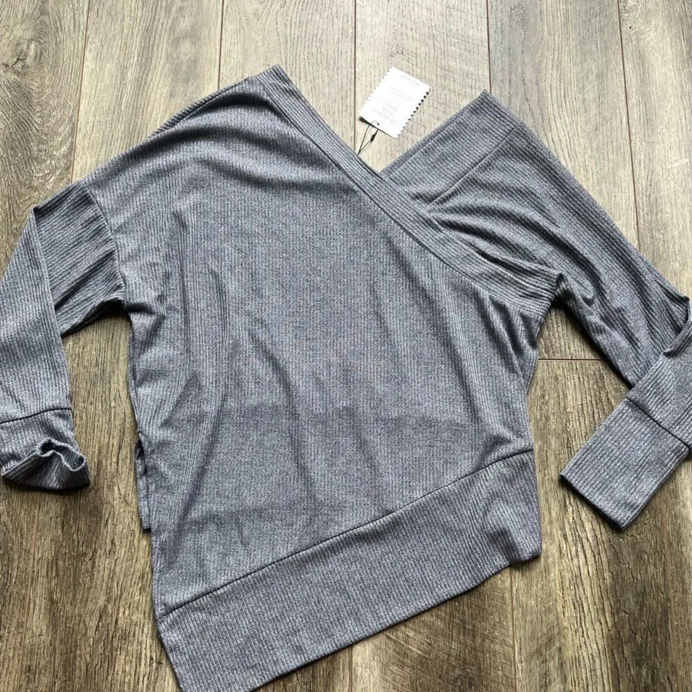 Stella & Dot Asymmetrical Ribbed Double V Sweater NWT Chambray Blue Grey Small - Image 13