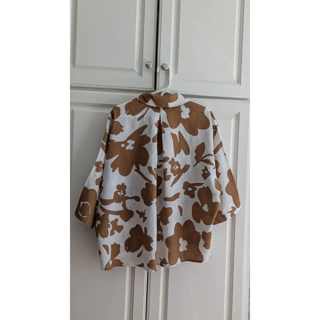 Women's Magaschoni Brown White Floral Linen Button Down Shirt L - Image 2