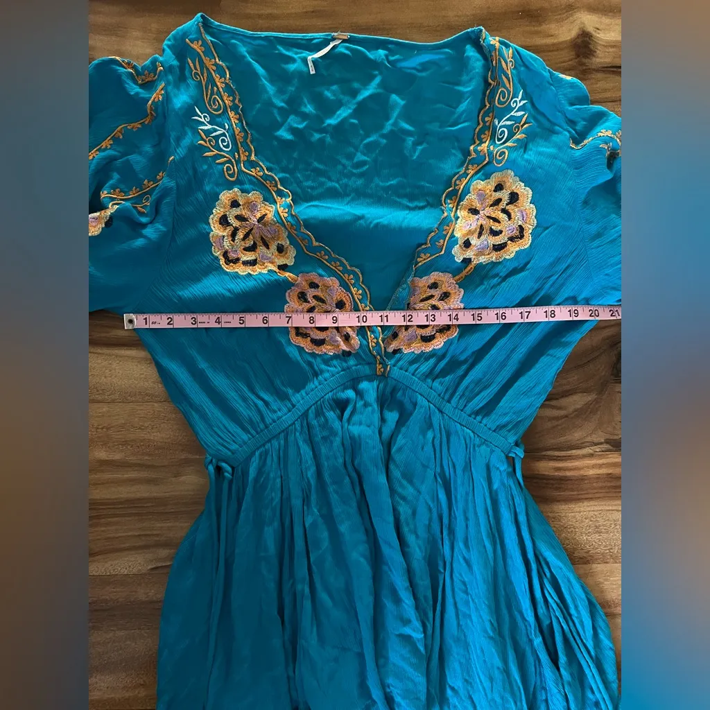 FREE PEOPLE - M - Teal Embroidered Boho Dress turquoise - Image 8