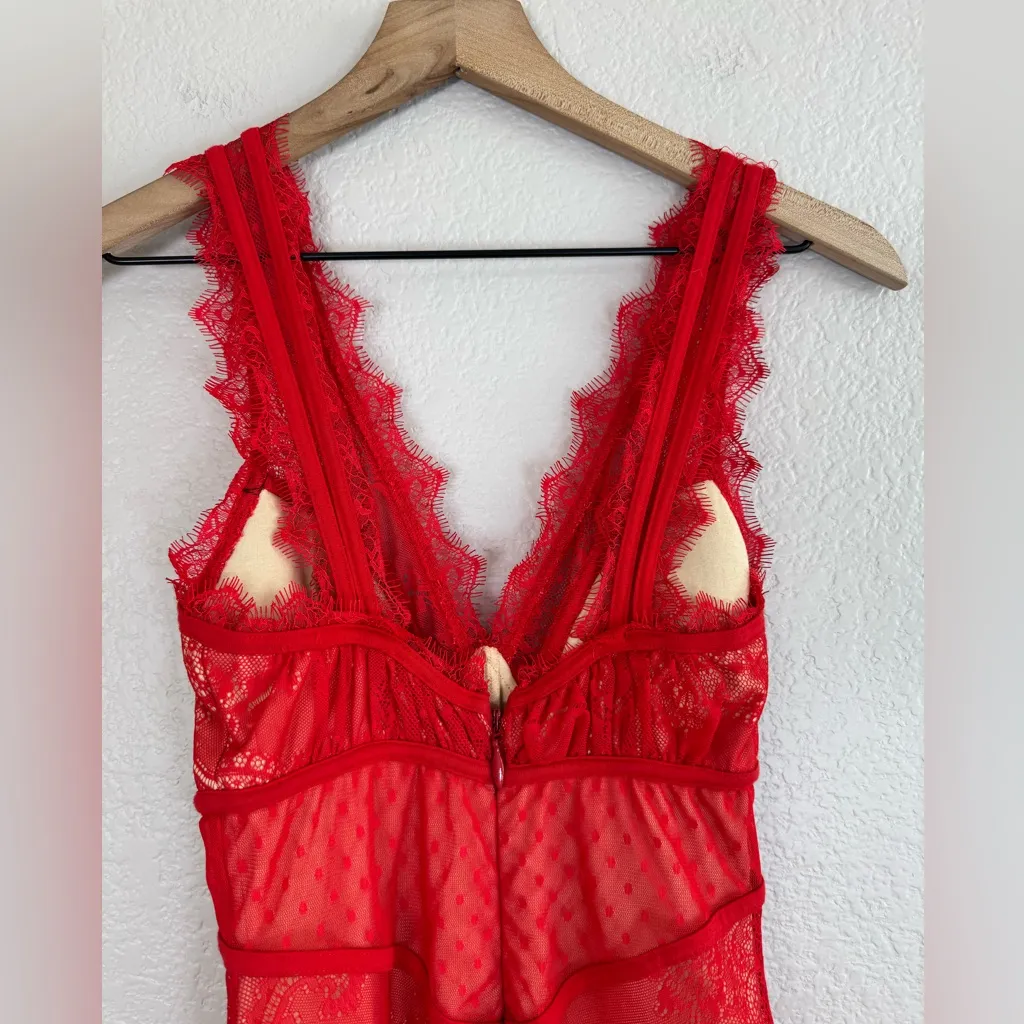 Bebe Y2K Red Nude Lace Overlay Plunging V Neck Bodycon Mini Dress size XS - Image 11