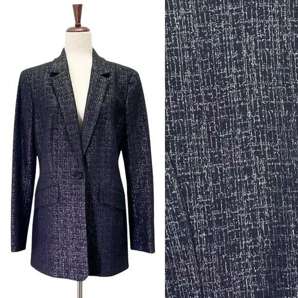 W By Worth Single Button Blazer Black & Silver Tweed Boyfriend Jacket Size 10 - Image 2