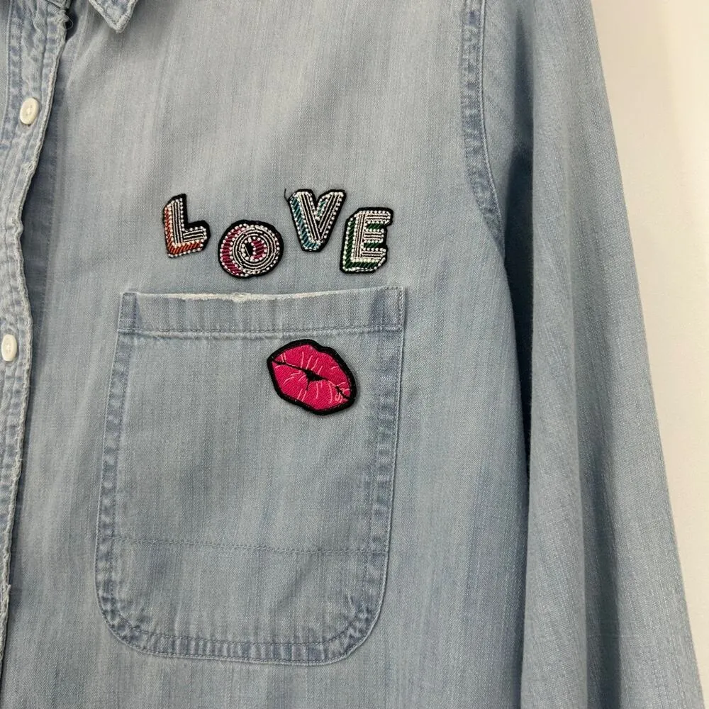 Rails Denim Chambray Button Up Shirt Love Patch Light Was Distressed Size S - Image 3
