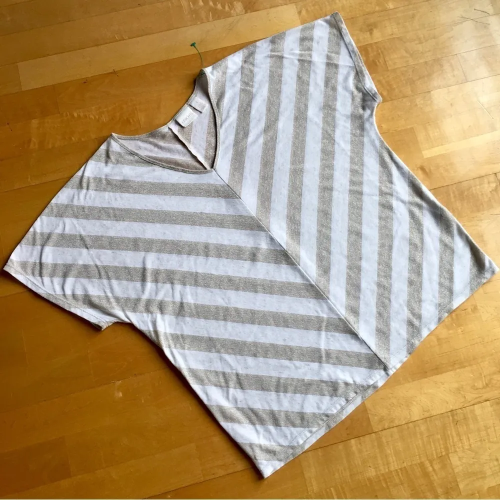 Chico’s Chevron Metallic Stripe V-Neck Tee, Gold, Cream, Size 3 (XL/16) - Image 8