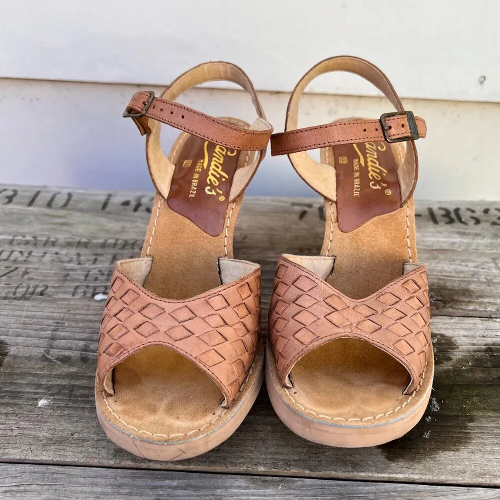 Vintage 70s 80s Candie's Basket Weave Cork Wedge Sandals 7M - Image 2