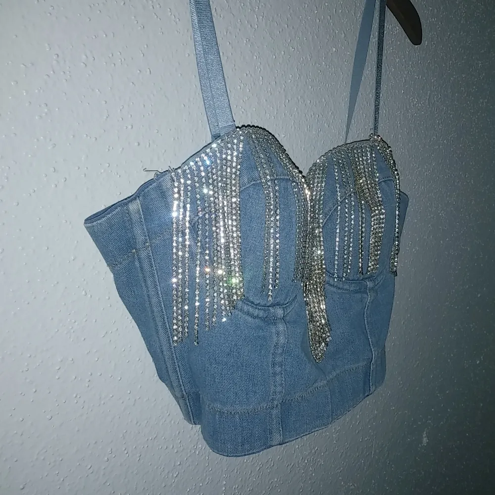 Fashion House L Y2K Glam Denim Jeans Bra Top Blue Size L - Image 4